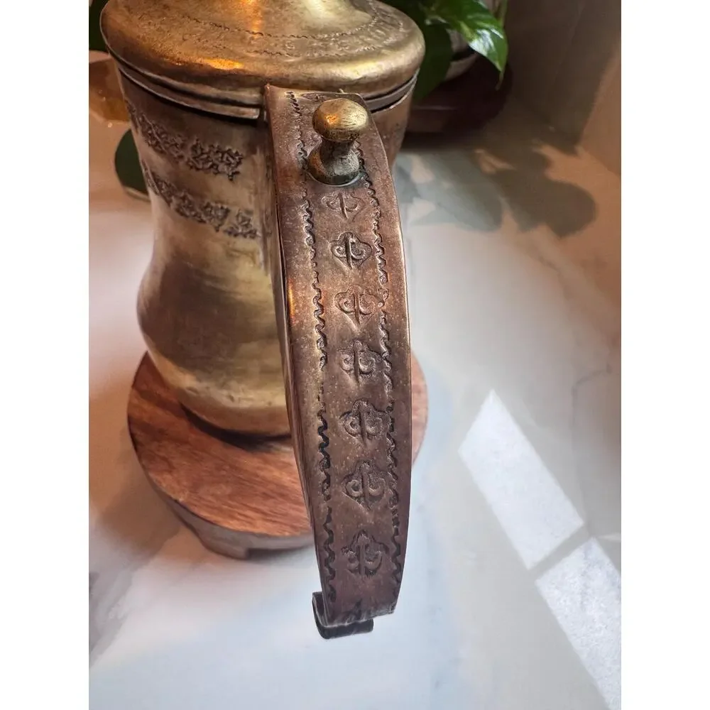 Antique Brass Engraved Dallah Pot • Moroccan Pitcher Copper Accents